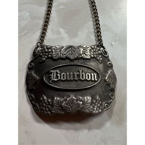 VTG Bacchus Pewter Bourbon Bottle Decanter Hanging Tag Label Chain USA 2.25” Wid